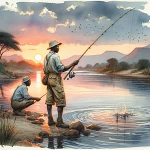 African Men Fishing by Meandering River at Sunset