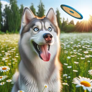 Playful Siberian Husky Enjoying Sunny Day in Field of Daisies