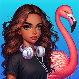 Captivating Girl with Green-Grey Eyes and Majestic Flamingo