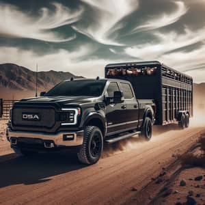 Black Pickup Truck in Desert with Livestock Trailer