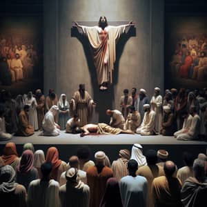 Religious Figure on Raised Platform with Observing Crowd