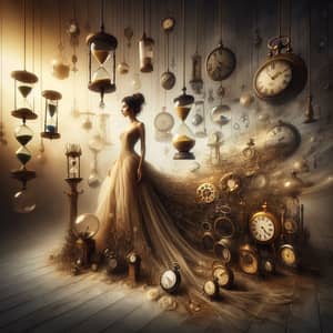 Surreal Dreamscape: Hispanic Woman Amidst Timepieces