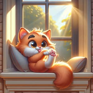 Adorable Orange Feline Grooming in Sunlight | Bay Window Scene