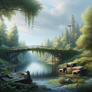 Tranquil Rural Scene with Weathered Bridge and Abandoned Vehicle