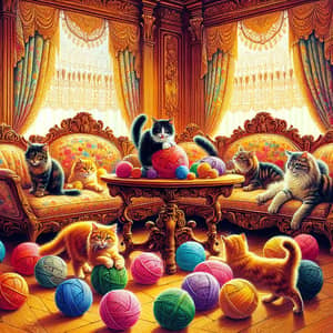 Luxurious Victorian-Era Parlor with Playful Cats and Yarn Balls