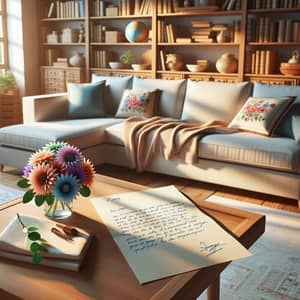 Warm Living Room with Apology Letter & Cozy Sofa