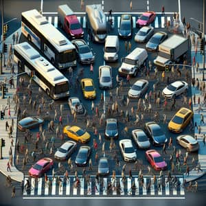 Busy Urban Intersection: Cars, Buses, and Pedestrians