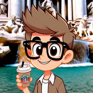 Cheerful Boy Enjoying Coffee at Trevi Fountain