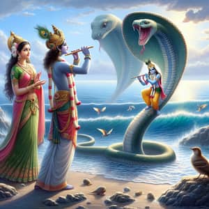 Radha and Krishna by the Vast Ocean: Spiritual Scene