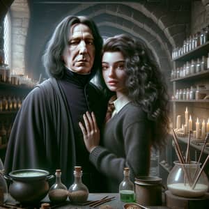 Severus Snape Embracing Girl in Dimly Lit Hogwarts Room