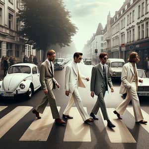 Late 1960s Fashion in City: Diverse Group Crossing Zebra Crosswalk