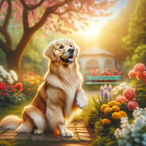 Jovial Golden Retriever Enjoying Outdoors in Serene Garden