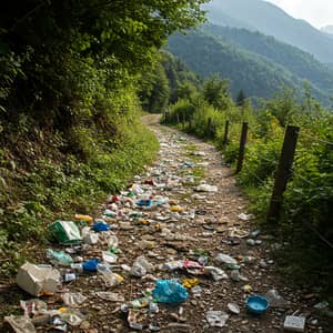 Mountain Path Littered with Plastic Waste