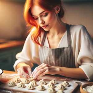 Ukrainian Woman Making Siberian Dumplings in Kitchen