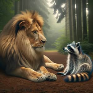 Lion and Raccoon in Peaceful Forest Conversation