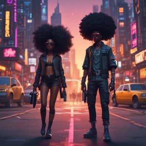 Afro Couple in Cyberpunk City - A Vibrant Stroll