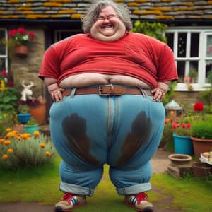 Jubilant Overweight Figure in Red Shirt and Blue Jeans | Garden Scene