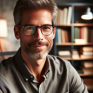 Middle-Aged Caucasian Man with Rectangular Reading Glasses