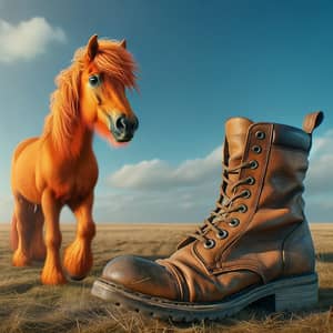 Unique Orange Horse Beside a Rustic Boot