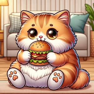 Chubby Ginger British Cat Enjoying a Burger