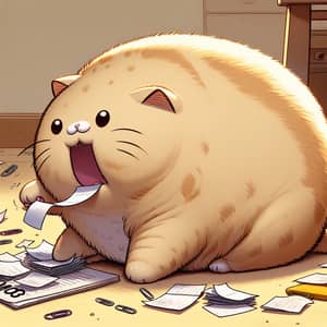 Chubby Cat Enjoys Eating Memos in a Whimsical Office