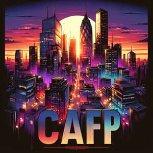 Vibrant City Skyline with CAFP Word Art | Urban Twilight Scene