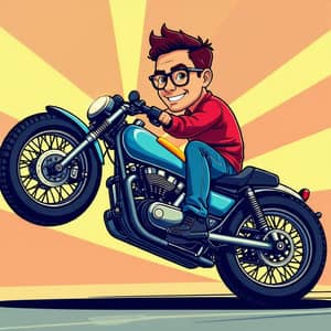 Nerd on Motorbike with Front Wheel Up Cartoon