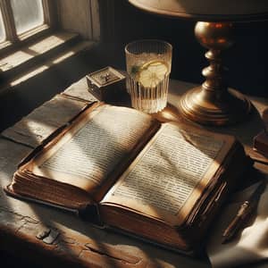 Vintage Leather-Bound Book on Wooden Table