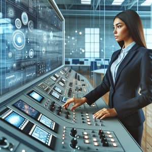 Young Hispanic Woman at Control Panel in Modern Office