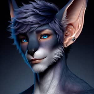 Male Fox Demi-Human with Blue and Purple Fur and Diamond Earring