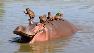 Playful Hippopotamus with Babies in River Scene