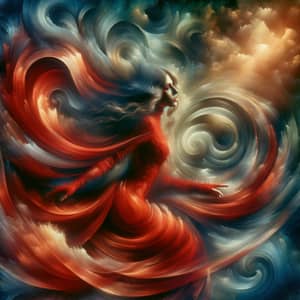 Enigmatic Woman in Flowing Red Dress | Surrealist Art Inspired