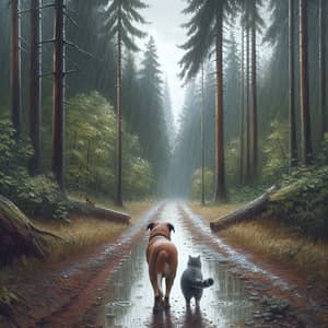 Cat and Dog Walking on Forest Trail in the Rain