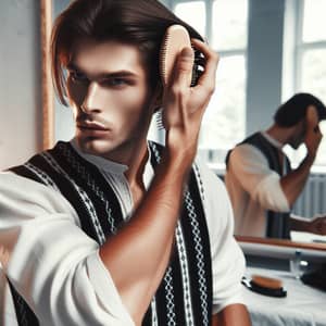 Traditional Ukrainian Man Grooming in Lighted Room