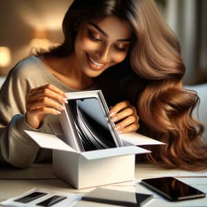 Joyful South Asian Woman Unboxing Modern Mobile Phone