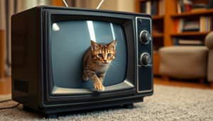 Cat Emerges from Vintage TV in Cozy Living Room