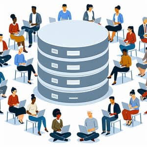 Diverse Individuals Engaging with Database Illustration