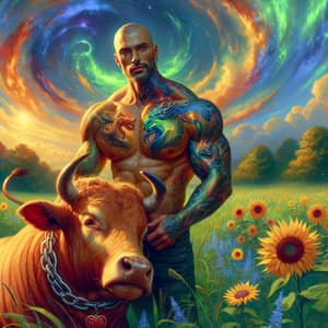 Vivid Bull and Man in Colorful Field Art