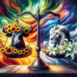 Vibrant Balancing Scales with Bull & Lion