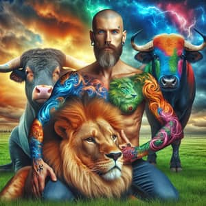 Peaceful Scene: Lion, Bull & Dragon Tattooed Man