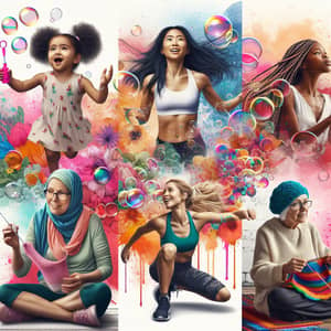 Diverse Women in Colorful Splashes: Generational Beauty Captured