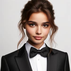 Young Female Celebrity in Black Tuxedo | Brown Hair & Eyes