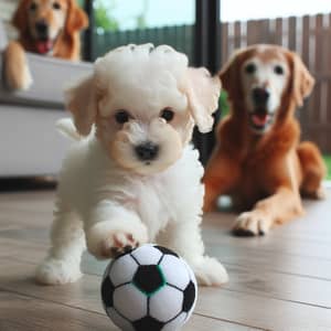 French Poodle and Golden Doodle Playing Ball