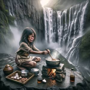 Filipino Girl Preparing Adobo with Majestic Waterfall Backdrop