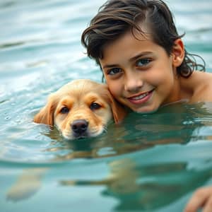 Boy Swims with Golden Retriever Puppy