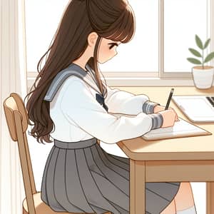 Modest School Uniform Girl Focused on Schoolwork