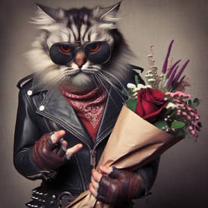 Brutal Rocker Cat with Bouquet - Unique Artwork