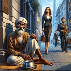 Engaging City Scene with South Asian Beggar and Businesswoman