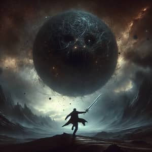 Epic Battle: Man vs. Giant Dark Sphere in Desolate Landscape