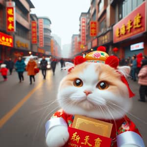 Happy New Year Wishes from Yellow and White Cat in Chinese Attire